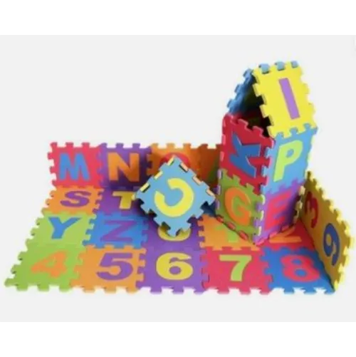 Set de șase covorașe de spumă, fiecare constând din șase piese de puzzle reprezentând literele alfabetului și numerele de la 0 la 9. Acestea sunt alcătuite din spumă de șase culori diferite: violet, galben, portocaliu, roz închis, verde și albastru. Produs vândut online, în special prin intermediul eBay (identificator: 314695316811).