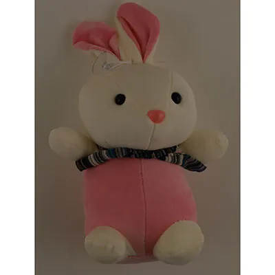 Jucărie de pluș în formă de iepure, cu corp roz. Urechile sunt, de asemenea, roz din interior. Iepurele are eșarfă cu dungi întunecate și nas roz. O ventuză este atașată la capul jucăriei printr-o buclă.