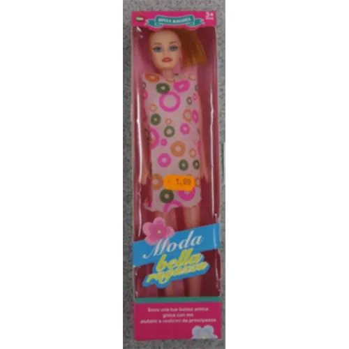 Păpușă de jucărie din plastic într-o rochie cu un model de cerc.