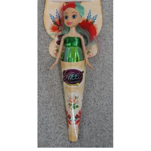Păpușă din plastic cu păr roșu și verde, cu formă de sirenă.