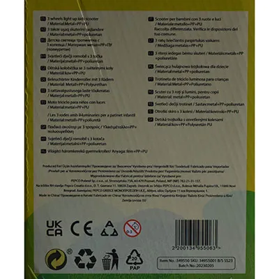 Scuter de jucărie albastru, cu trei roți, cu ghidon reglabil pe înălțime. Pentru copii cu o greutate maximă de 20 kg