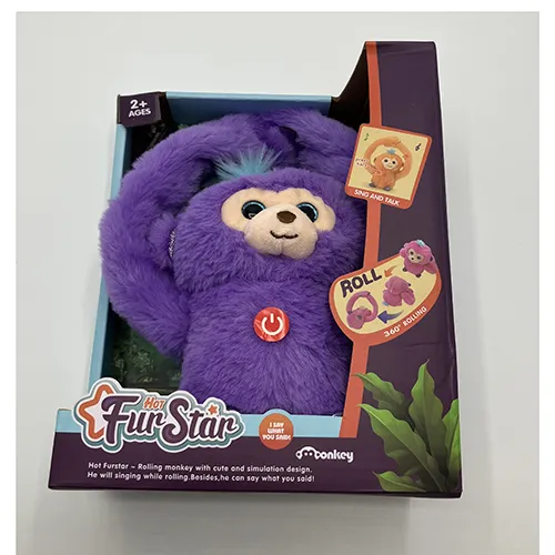 Păpușă de maimuță din material textil cu blană moale, acționată cu baterii, cu o înălțime de aproximativ 40 cm, cu membre motorizate și un set de difuzoare-microfoane.