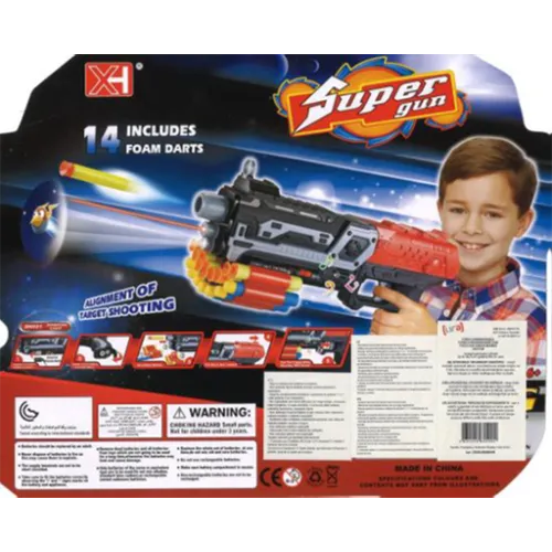 Pistol de jucărie din plastic cu glonț moale și 14 săgeți din spumă.