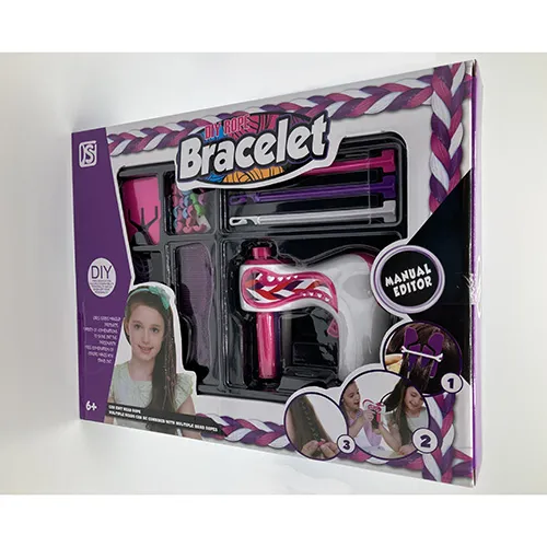 Unelte de coafat pentru păr de jucărie, inclusiv o mașină electrică de împletit (15x15 cm), un pieptene, perle de păr, benzi de cauciuc.