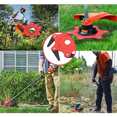 Atașament pentru mașini de tăiat perii, destinate tunderii și tăierii marginilor de gazon sau a altor tipuri de vegetație. Atașamentul de tăiere cuprinde șase cuțite mobile care pot fi utilizate pentru tăiere atunci când se rotesc la viteză mare. Produs vândut online, în special prin intermediul AliExpress (număr de identificare: 1005007309770395).