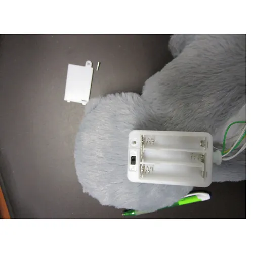 Jucărie gri umplută sub formă de vidră care simulează respirația cu efecte sonore, muzică și lumină, 30 cm, cu cutie de control acționată de baterie. Produs vândut online, în special prin intermediul grande-Peluche.com.