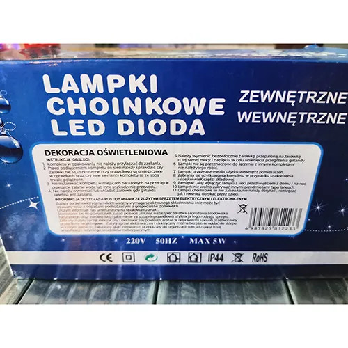Ghirlandă electrică, clasa de siguranță II, lumini neînlocuibile, protecție IP44, tensiune nominală de 220-250 V, frecvență nominală de 50 Hz și putere nominală de 5W.