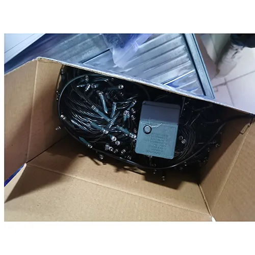 Ghirlandă electrică, clasa de siguranță II, lumini neînlocuibile, protecție IP44, tensiune nominală de 220-250 V, frecvență nominală de 50 Hz și putere nominală de 5W.