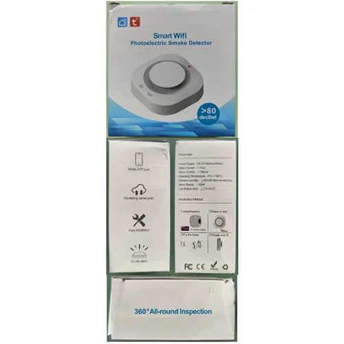 Detector de fum fotoelectric care se conectează la Wi-Fi. Produs vândut online, în special prin intermediul AliExpress (identificator unic de produs: 1005005367684031).