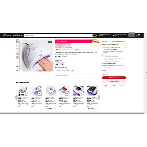 Lampă UV pentru unghii. Tensiune de intrare: 100-240 V CA, ieșire: 24 V c.c. Producția curentă: 2 A. Produs vândut online, în special prin intermediul AliExpress (identificator unic: 1005006072000368).