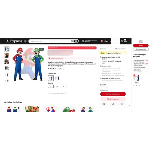 Costum fantezie rochie de Mario cu dungarees, o șapcă și o mustață simțit. Produs vândut online, în special prin intermediul AliExpress (Identificator de produs: 1005006727272467).