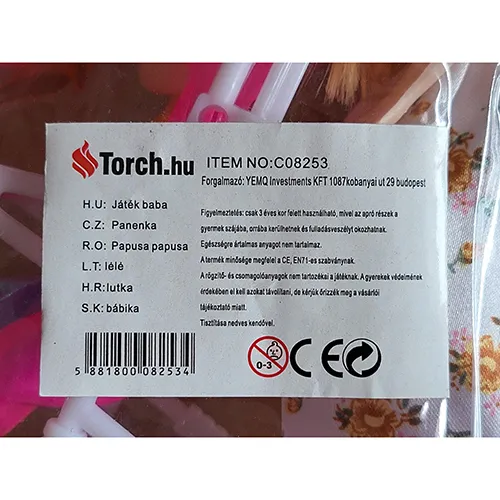 Păpușă din plastic de 26 cm cu păr într-o coadă de cal într-o rochie cu flori și accesorii din plastic și pantofi roșii.