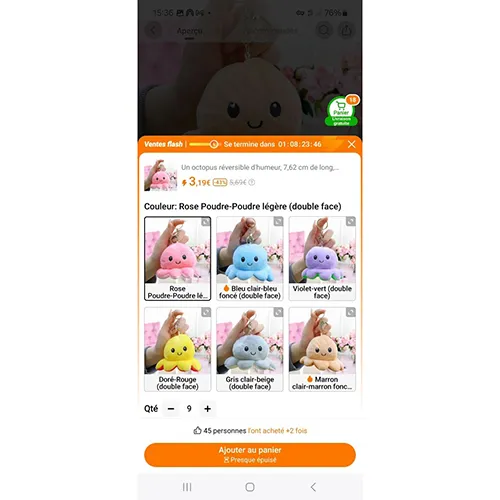 Jucărie moale sub forma unei caracatițe reversibile, cu un inel cu cheie. Dimensiune: 7,62 cm. Produs vândut online, în special prin intermediul Temu.