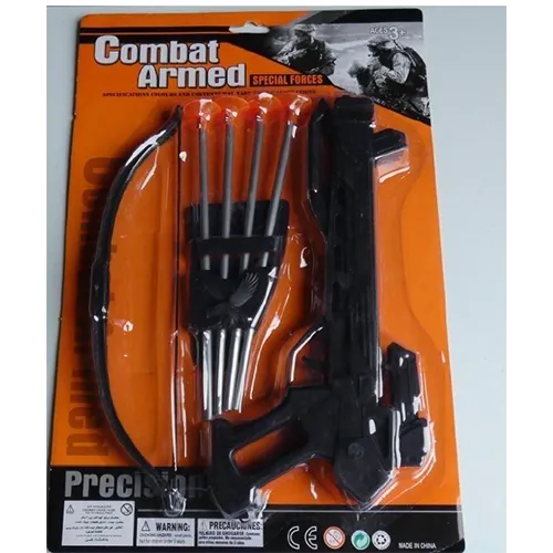 Set de tragere din plastic constând dintr-un arc care poate fi atașat la un pistol pentru a deveni o arbaletă. Vine cu un tolba și patru săgeți, fiecare vârf cu o ceașcă de aspirație.