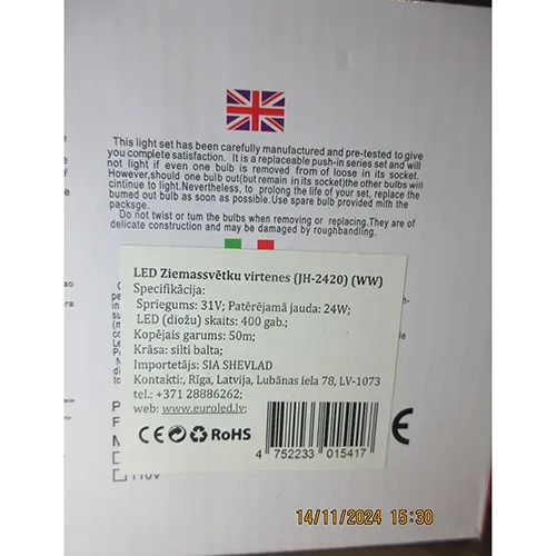 Lanț de iluminat cu 400 de lămpi cu LED-uri și o lungime de 50m. Puterea: 24W Produs vândut online, în special prin intermediul euroled.lv.