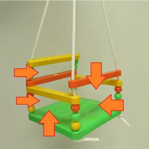 Leagăn agățat pentru copii din plastic. Sistemul de agățare constă dintr-o frânghie care este ancorată în fiecare colț al leagănului și se termină în doi conectori cu inele metalice. Produs vândut online, în special prin intermediul www.dracik.sk.