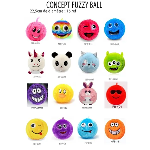 Jucărie moale în formă de minge cu blană, în diferite culori. Sunt vizate toate modelele produsului.