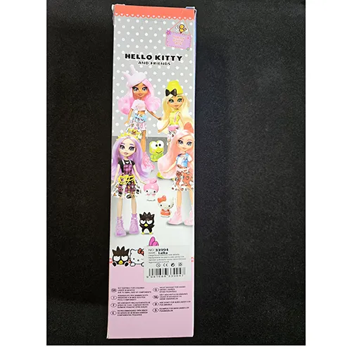 Păpușă din plastic cu haine colorate și păr roz.