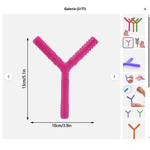Jucărie de dentiție din plastic moale violet în formă de litera Y, cu diferite texturi. Produs vândut online, în special prin intermediul eBay (identificator unic: 197497295169).