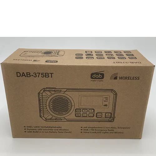 Radio negru de urgență alimentat de manivelă, baterie încorporată sau panou solar.