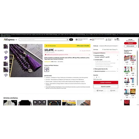 Colier din margele mov cu pompom lung mov și accesorii metalice argintii. Produs vândut online, în special prin intermediul AliExpress (identificator unic: 1005003701979934).