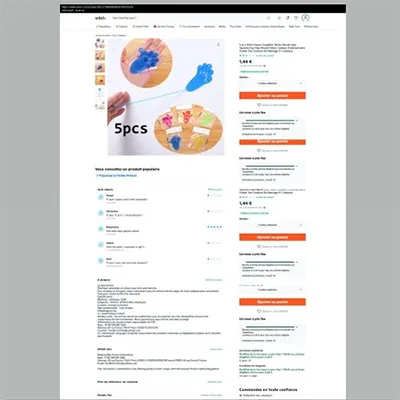 Jucărie lipicioasă din plastic sub forma unei mâini cu un cablu. Produs vândut online, în special prin intermediul Wish.