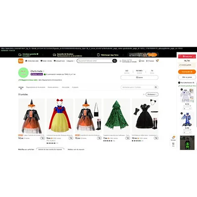 Rochie de vrăjitoare neagră și mov cu sclipici pe bust, cu o pălărie neagră de vrăjitoare decorată cu o panglică din dantelă mov. Produs vândut online, în special prin intermediul TEMU.