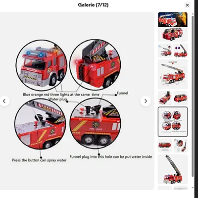 Motor de foc de jucărie roșu, electric, cu sirene luminoase și o țeavă de plastic pentru evacuarea apei. Produs vândut online, în special prin intermediul eBay (identificator unic: 356769469852).