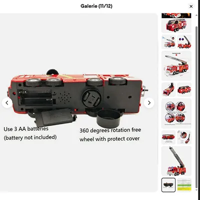 Motor de foc de jucărie roșu, electric, cu sirene luminoase și o țeavă de plastic pentru evacuarea apei. Produs vândut online, în special prin intermediul eBay (identificator unic: 356769469852).