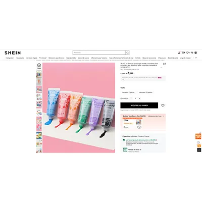 Set de tuburi pentru vopsirea degetelor în cinci culori diferite: alb, negru, roșu, verde și galben. Produs vândut online, în special prin intermediul SHEIN.