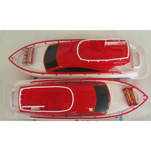 Jucărie de baie în formă de barcă de plastic roșie și albă, cu două motoare cu elice care necesită o baterie fiecare. Produs vândut online, în special prin intermediul eBay (identificator unic: 127095230458).