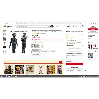 Costum fantezie-rochie reprezentând Wolverine, constând dintr-un costum negru căptușit, o mască și gheare pentru mâini. Produs vândut online, în special prin intermediul AliExpress (identificator unic de produs: 1005008770457726).