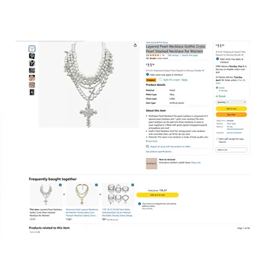 Colier din argint cu perle si cruci. Produs vândut online, în special prin intermediul Amazon.