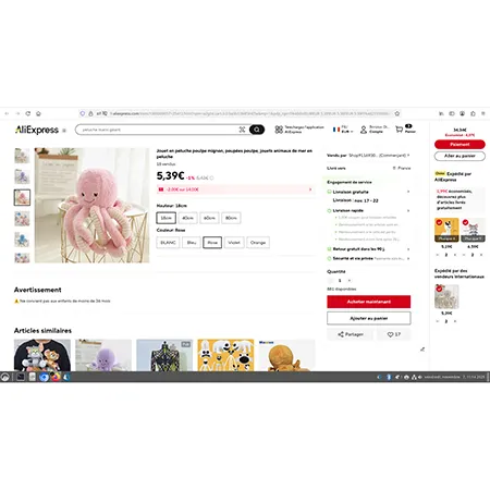 Jucărie moale, roz și albă, în formă de caracatiță, cu o ventuză atașată la partea superioară a capului printr-un cablu. Produs vândut online, în special prin intermediul AliExpress (identificator unic de produs: 1005009057125412).