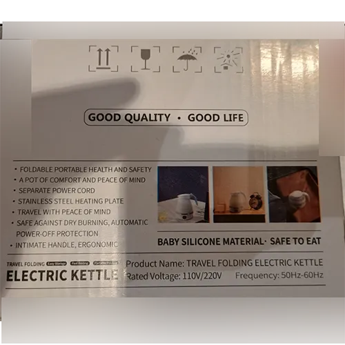 Fierbător electric din plastic siliconic alb și albastru Tensiune 110/220 V, frecvență 50-60 Hz.