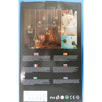 Lanț de iluminat decorativ cu o stea de plastic, clopot, pin și decorațiuni în formă de cerb, echipat cu o unitate intermitentă cu 8 funcții. Produs vândut online, în special prin eMAG