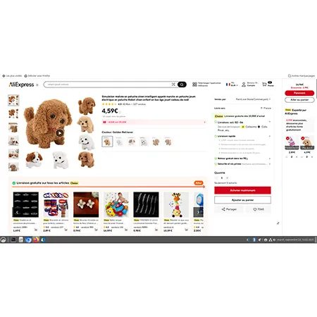Jucărie moale, cu baterie, de culoare bej, în formă de câine, cu piese în mișcare și funcții sonore. Produs vândut online, în special prin intermediul AliExpress.