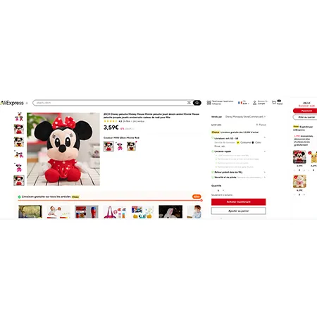 Jucărie moale în formă de personaj Minnie Mouse cu o ventuză. Produs vândut online, în special prin intermediul AliExpress (identificator unic: 1005004504058340)