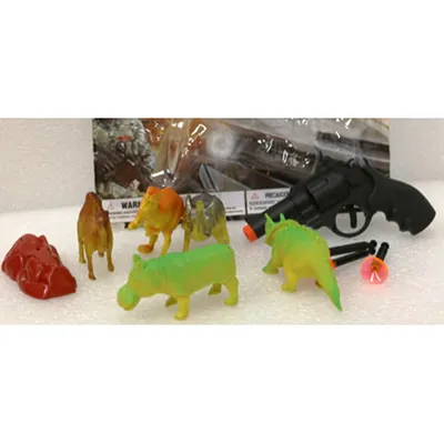 Set de pistoale de jucărie format dintr-un pistol de jucărie, șase ținte și trei proiectile cu ventuze.