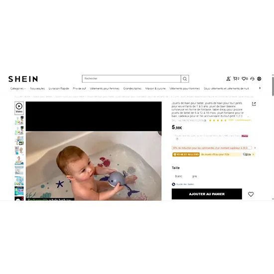 Jucărie de baie cu baterii sub formă de balenă albă. Jucăria poate pulveriza apă. Produs vândut online, în special prin intermediul Shein (identificator unic: sa25062654603322639).