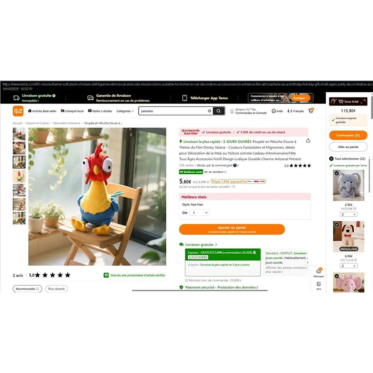 Jucărie moale roșie, albastră, galbenă și verde în formă de pui. Produs vândut online, în special prin TEMU (identificator unic: 601103044348341).