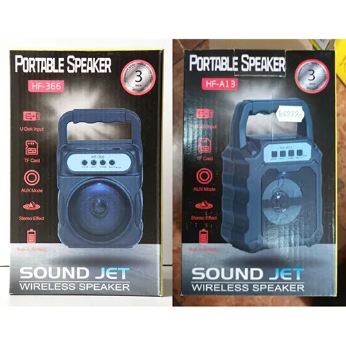 Difuzor wireless cu carcasă din plastic negru și baterie încorporată.