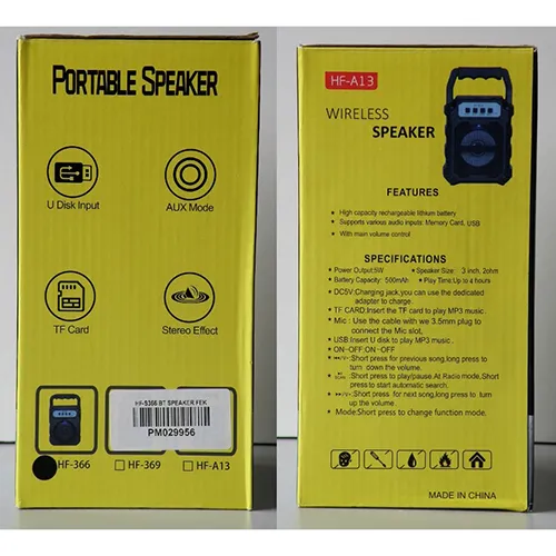 Difuzor wireless cu carcasă din plastic negru și baterie încorporată.