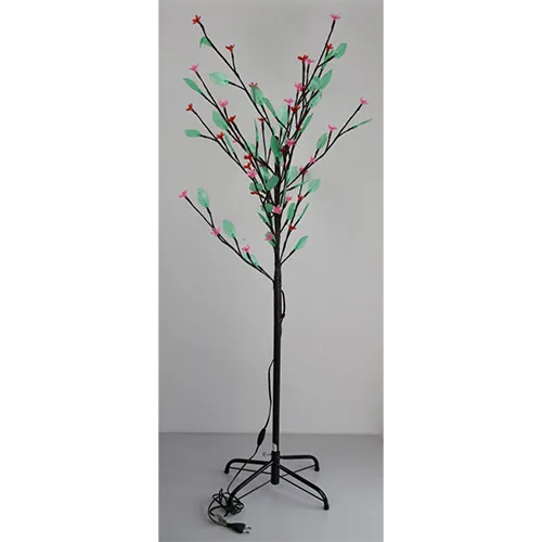 Arbore artificial decorativ cu 135 de LED-uri, abajururi roșii în formă de flori și frunze verzi, montate pe un suport din metal negru.