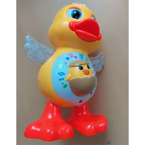 Jucărie de plastic acționată de baterie în formă de rață. Jucăria dansează, emite muzică și se aprinde cu LED-uri multicolore.