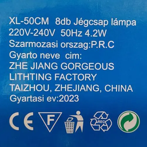 Lanț de iluminat de Crăciun alimentat la rețea, conectat în serie, ca o cortină, cu 8 tuburi de plastic în formă de ciclism care conțin 288 de lumini LED. Date tehnice: 220-240V, 50Hz, 4.2W.