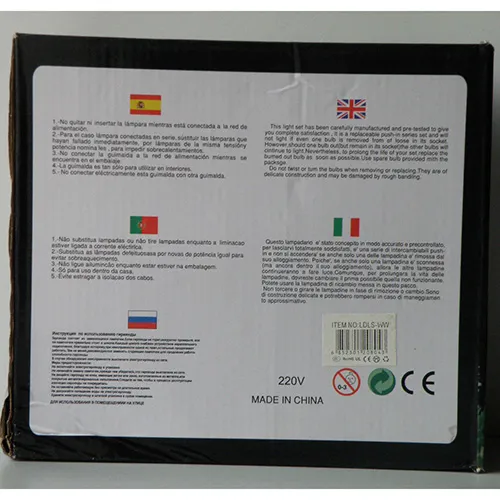 Lanț de iluminat cu LED-uri de Crăciun alimentat la rețea, în formă de stea cu cinci colțuri, echipat cu o cutie de control albă cu 8 funcții și o priză de conectare în serie. Date tehnice: 220 V.
