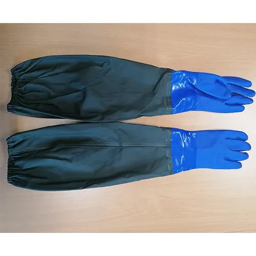 Mănuși de protecție lungi, impermeabile și rezistente la substanțe chimice, cu o lungime de 68 cm, promovate ca oferind o protecție fiabilă împotriva acizilor, alcalinelor, uleiului și solvenților.