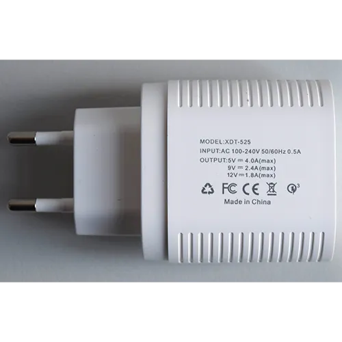 Încărcător de perete de culoare albă, integrat cu un conector european, cu două porturi de ieșire USB de tip C.