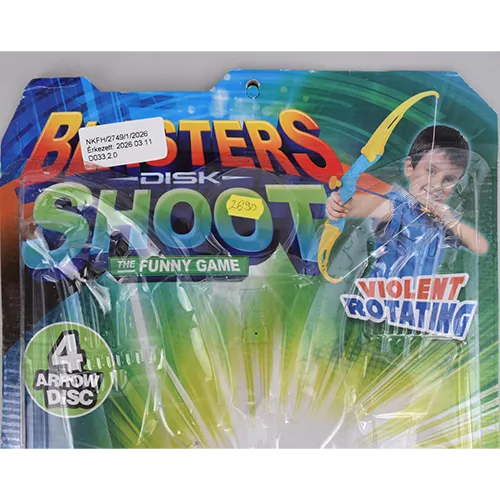 Set de tir cu arcul din plastic care conține două arcuri (galben/verde), șase săgeți cu ventuze roșii, două tolbe, trei figurine de rață din plastic și trei ace de bowling.